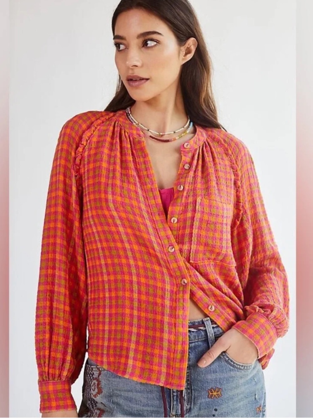 Pilcro Breezy Pink and Orange Plaid Button-Up Ruffle Blouse